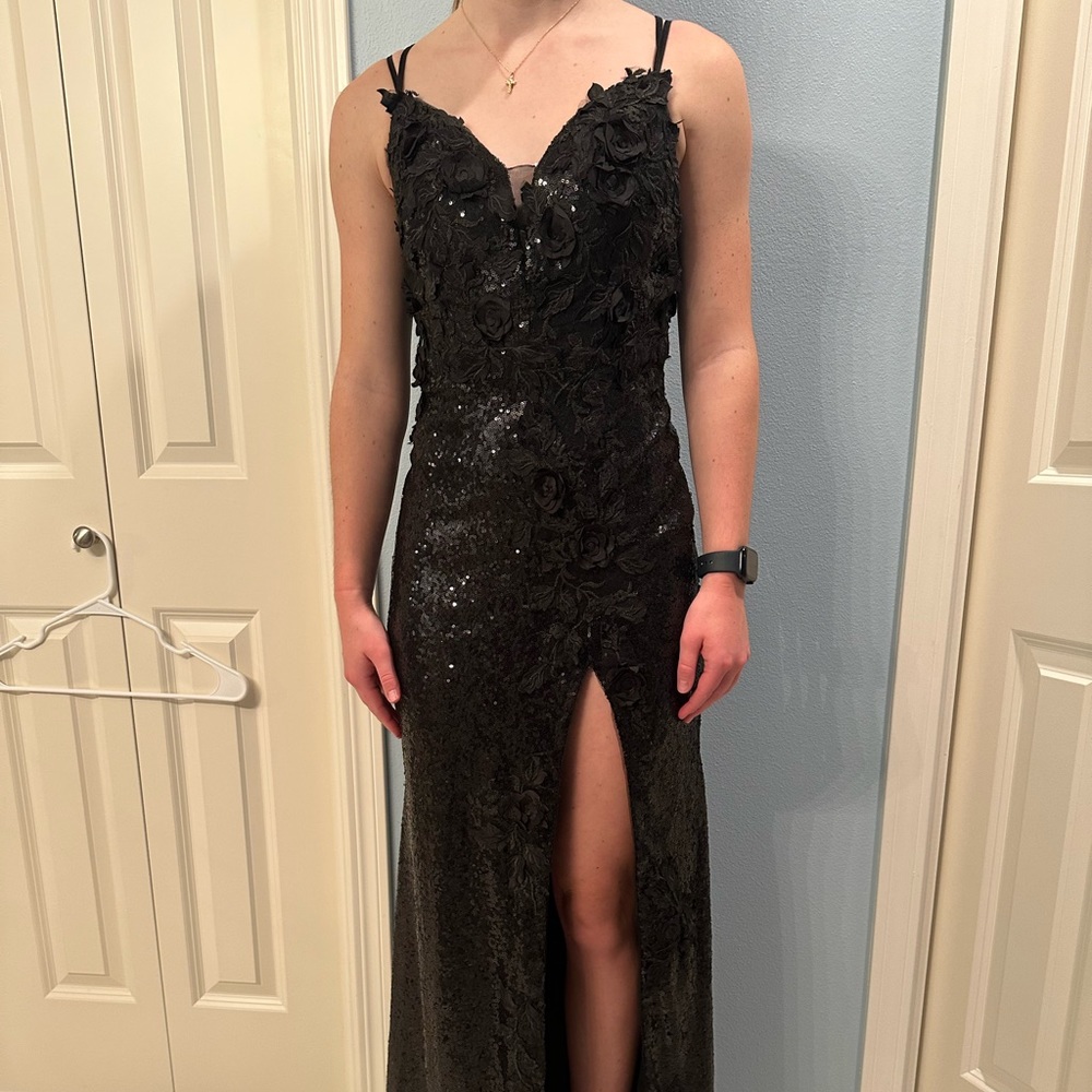 Black JL Kouture floral appliqués backless prom dress. Size 2.
